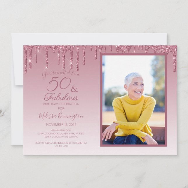 50 and Fabulous Rose Gold Pink Glitter Photo Invitation (Front)
