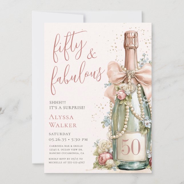 50 and Fabulous Rose Gold Script Surprise Party Invitation (Front)