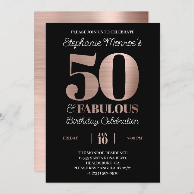 50 and Fabulous Rose Gold Typography Birthday Invitation (Front/Back)