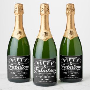 50 and Fabulous Rustic Script & Elegant Line Art Sparkling Wine Label