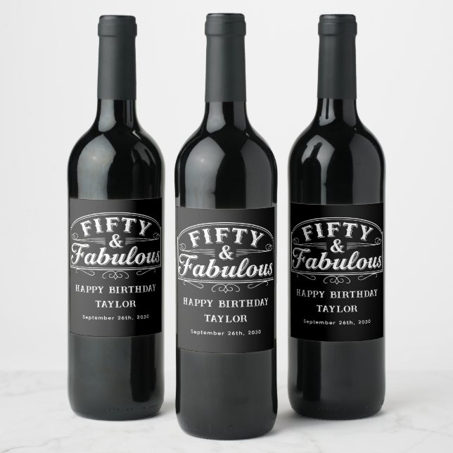 50 and Fabulous Rustic Script & Elegant Line Art Wine Label (Bottles)