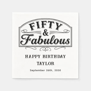 50 and Fabulous Rustic Script Line Art Black White Napkin