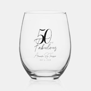 50 and Fabulous Script 50th Birthday Party Stemless Wine Glass