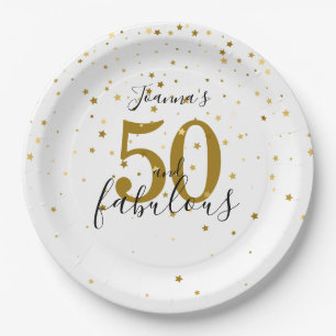 50 and Fabulous Script Gold and Black Birthday Paper Plate