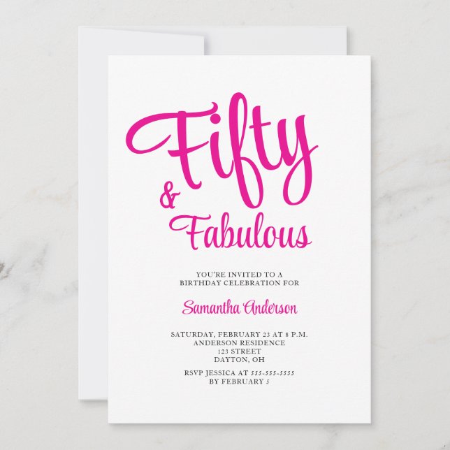 50 and Fabulous Script Pink 50th Birthday Party  Invitation (Front)