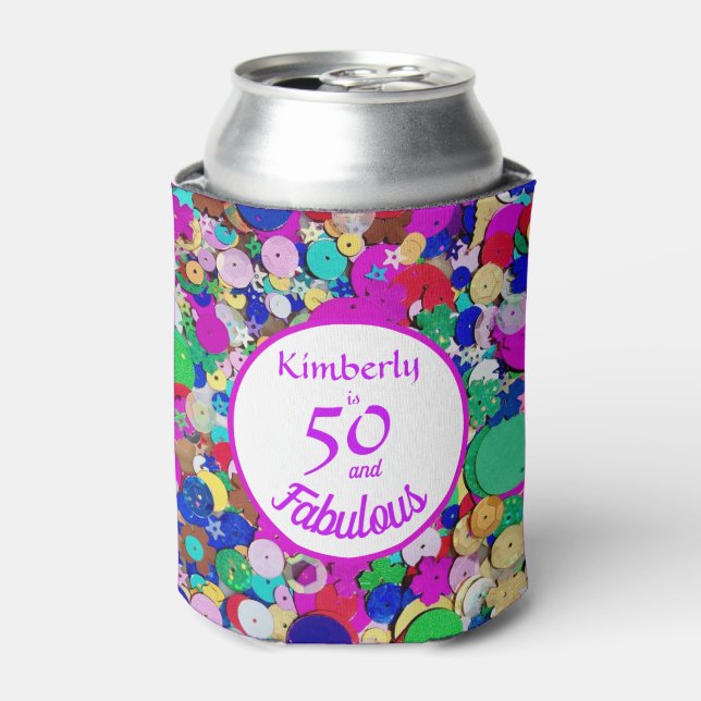 50 and Fabulous Sequin Birthday Can Cooler (Can Front)