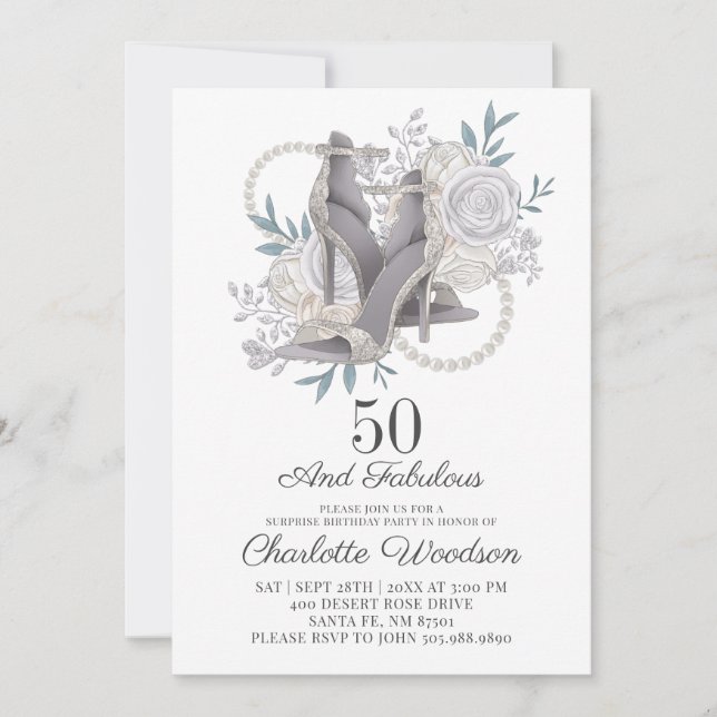 50 and Fabulous Silver Glitter Dancing Shoes Invitation (Front)