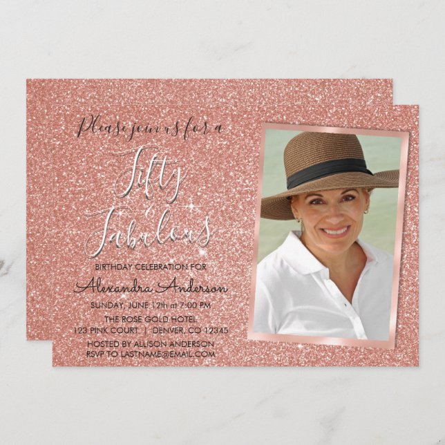 50 and Fabulous Sparkle Rose Gold Blush Pink Photo Invitation (Front/Back)