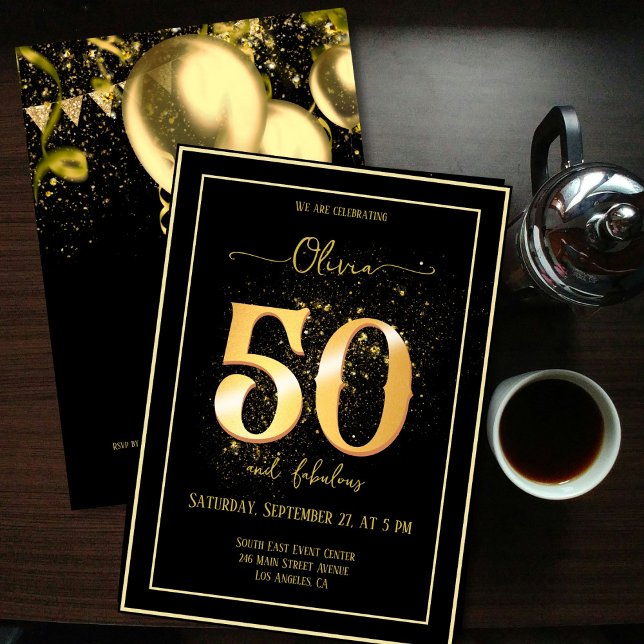 50 and Fabulous Sparkling Gold Black Birthday Invitation (Creator Uploaded)