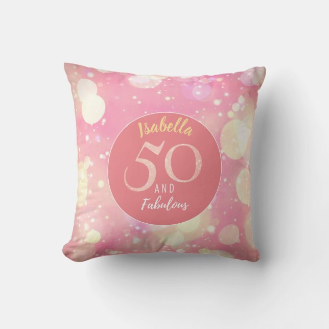 50 and Fabulous Sparkling Salmon Pink & Gold Cushion (Front)