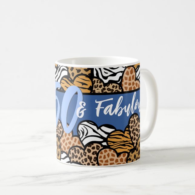 50 and Fabulous Stylish Blue Animal Print Hearts  Coffee Mug (Front Right)