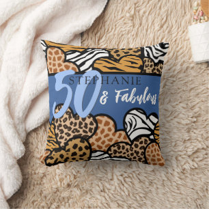 50 and Fabulous Stylish Blue Animal Print Hearts  Cushion