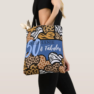 50 and Fabulous Stylish Blue Animal Print Hearts  Tote Bag