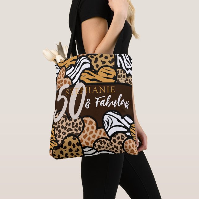 50 and Fabulous Stylish Brown Animal Print Hearts  Tote Bag (Close Up)