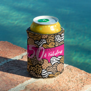 50 and Fabulous Stylish Pink Animal Print Hearts  Can Cooler