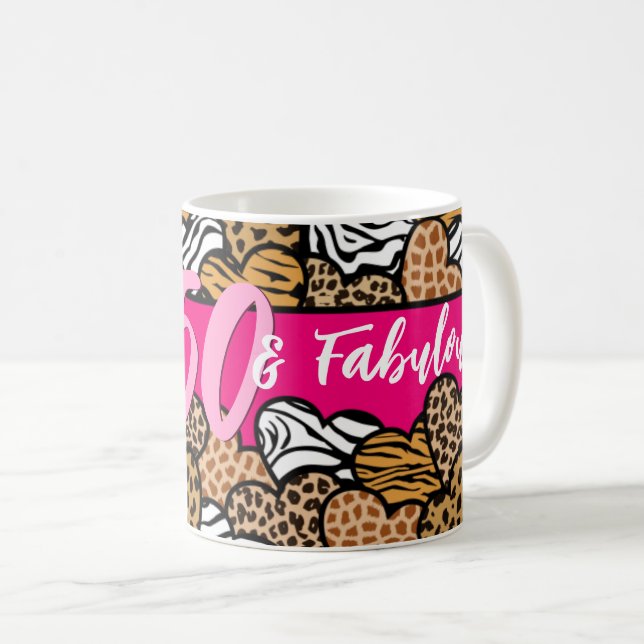 50 and Fabulous Stylish Pink Animal Print Hearts  Coffee Mug (Front Right)