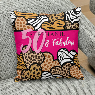 50 and Fabulous Stylish Pink Animal Print Hearts  Cushion
