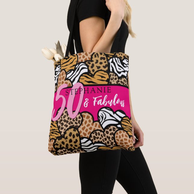 50 and Fabulous Stylish Pink Animal Print Hearts  Tote Bag (Close Up)