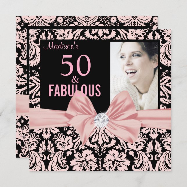 50 and Fabulous Stylish pink damask bow birthday Invitation (Front/Back)
