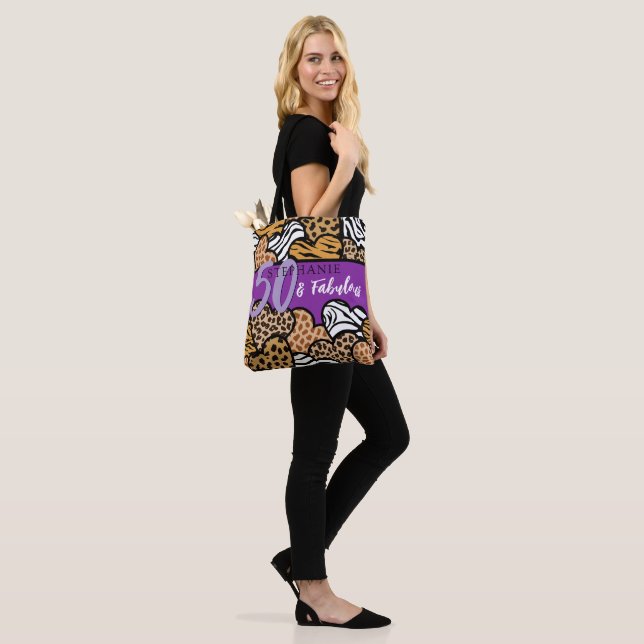 50 and Fabulous Stylish Purple Animal Print Heart Tote Bag (On Model)