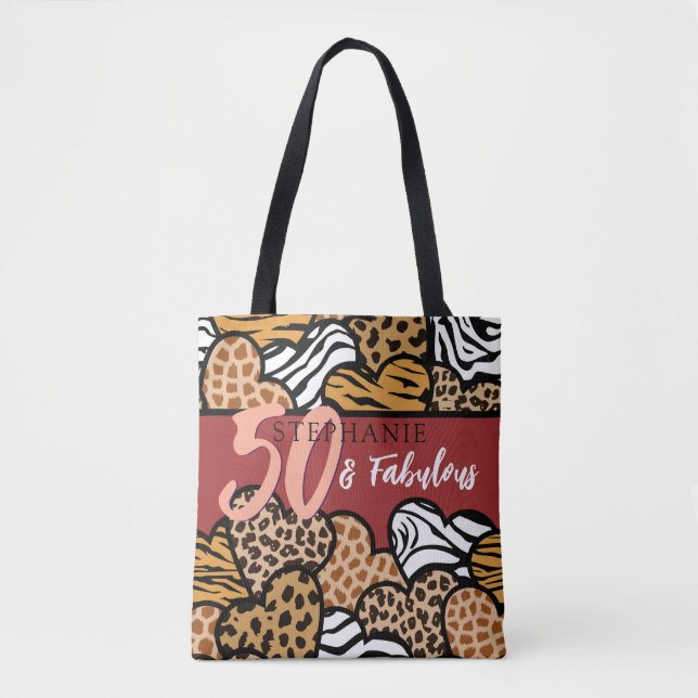 50 and Fabulous Stylish Red Animal Print Hearts  Tote Bag (Front)