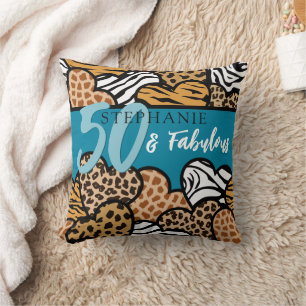 50 and Fabulous Stylish Teal Animal Print Hearts  Cushion