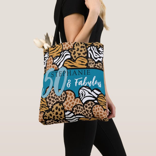 50 and Fabulous Stylish Teal Animal Print Hearts  Tote Bag (Close Up)