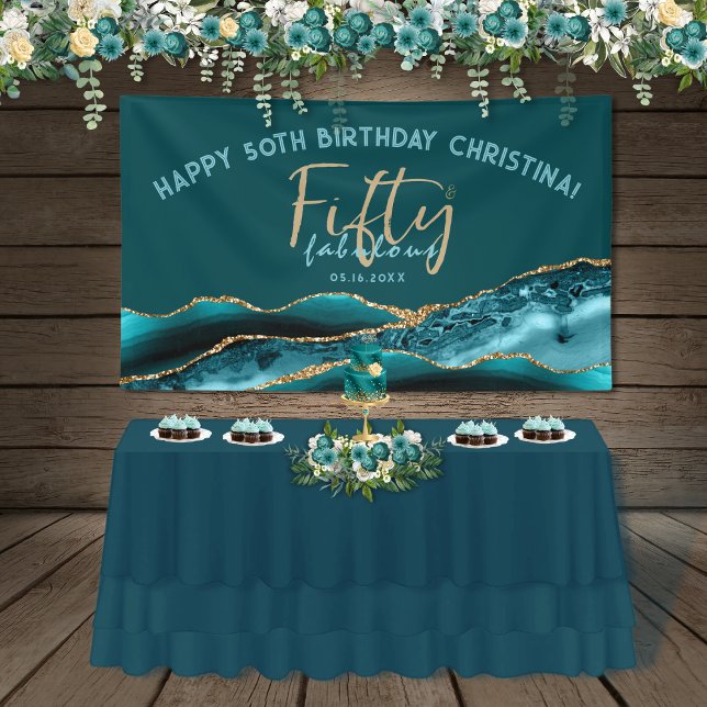 50 and Fabulous Teal Gold Agate 50th Birthday  Banner (Creator Uploaded)