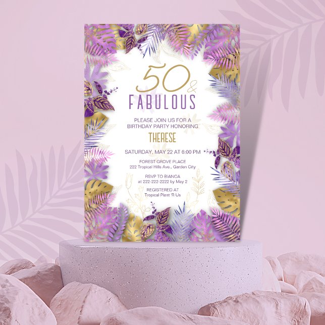50 and Fabulous Tropical Purple Gold 50th Birthday Invitation (Creator Uploaded)