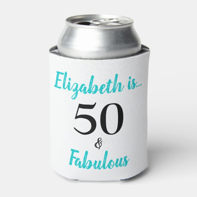50 and Fabulous Turquoise Birthday Party Can Cooler (Can Front)