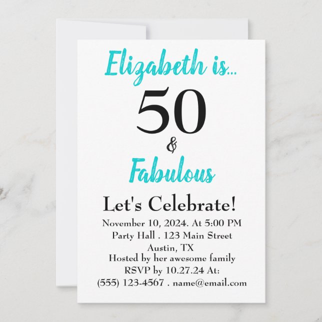 50 and Fabulous Turquoise Birthday Party Invitation (Front)