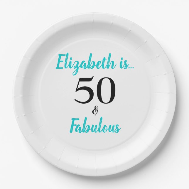 50 and Fabulous Turquoise Birthday Party Paper Plate (Front)