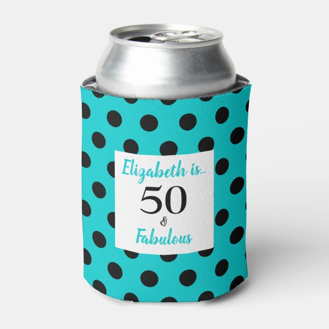 50 and Fabulous Turquoise Blue Birthday Party Can Cooler (Can Front)