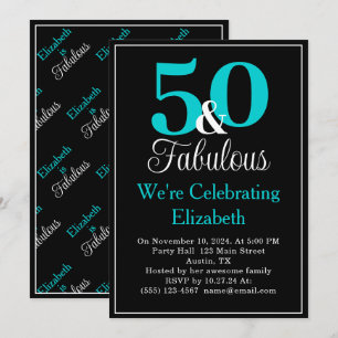 50 and Fabulous Turquoise Blue on Black Invitation