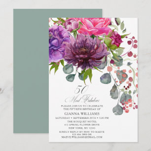 50 and Fabulous Watercolor Bouquet 50th Birthday Invitation