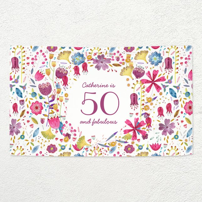 50 and Fabulous Watercolor Floral Name Birthday Banner (Personalized floral fifty and fabulous party banner)