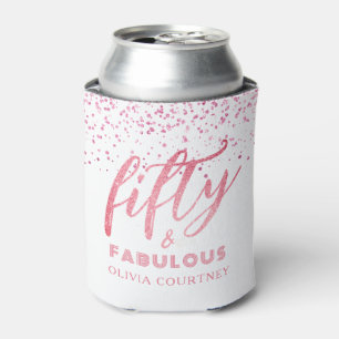50 and Fabulous White and Pink Glitter Birthday Can Cooler