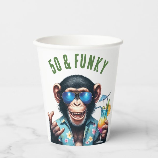 50 and Funky Summer Monkey 50th Birthday Paper Cups (Front)