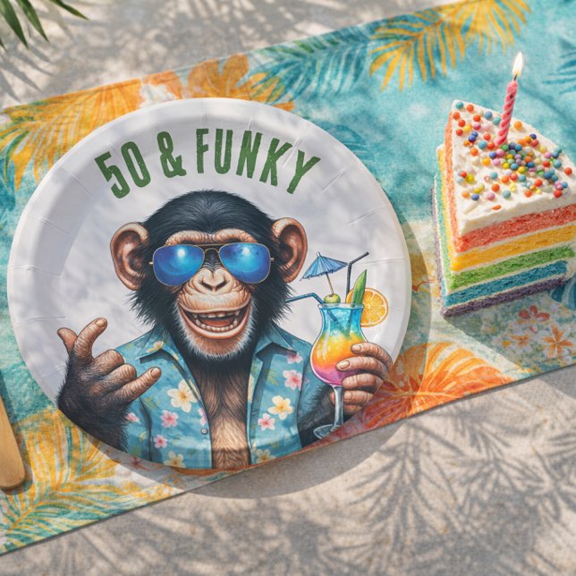50 and Funky Summer Monkey 50th Birthday Paper Plate (50 and Funky Summer Monkey 50th Birthday Paper Plates)