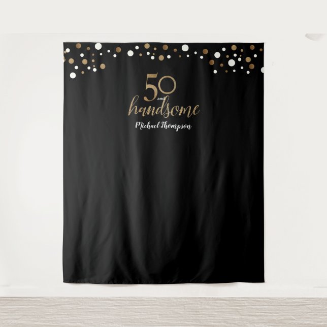 50 and handsome 50th birthday Black Gold backdrop Tapestry (Front)