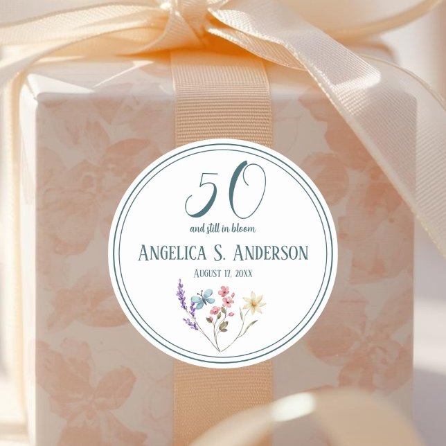 50 and still in Bloom Wildflower Birthday Classic Round Sticker (50 and still in Bloom Wildflower Birthday Classic Round Sticker)
