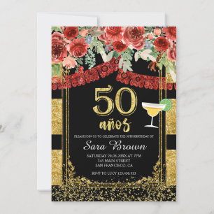 50 años Red Roses Mexican Birthday Invitation