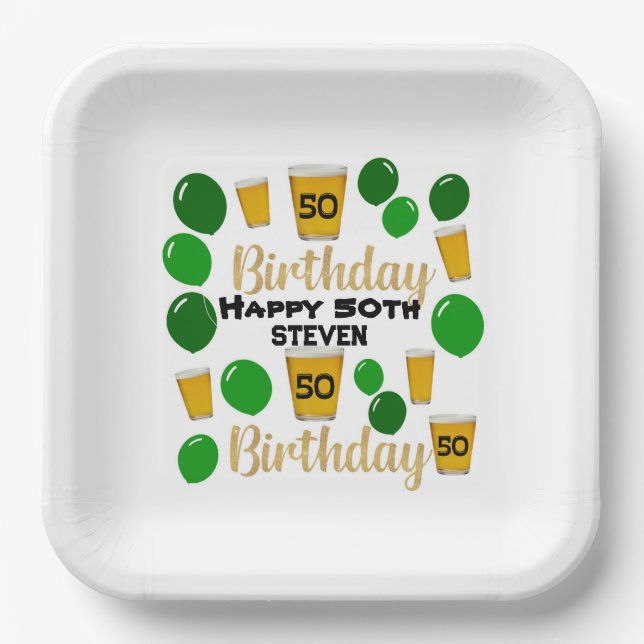 50 birthday beers and green balloons Paper Plate (Front)