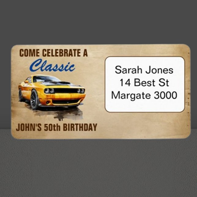 50 Birthday Classic Yellow Muscle Car  Label (Perfect for car enthusiasts and birthday celebrations alike. Get yours today!)