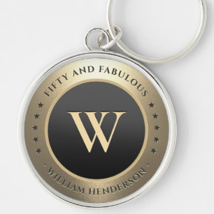 50 Birthday Monogram Modern Elegant Black Gold  Key Ring