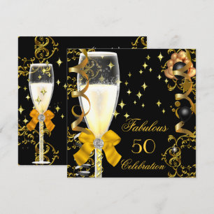 50 Birthday Party Fabulous Champagne Gold Black Invitation