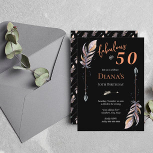 50 & Fab 50th Birthday Black Orange Boho Feathers Invitation