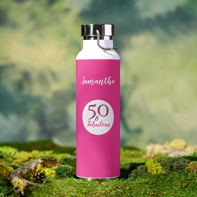 50 & Fab 50th Birthday Customised Cerise Pink Water Bottle (Outdoor)