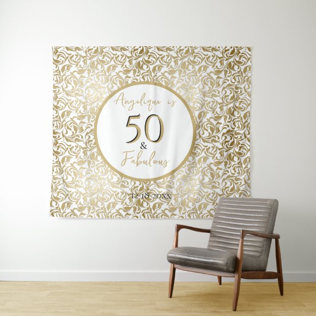 50 & Fab 50th Birthday Party Gold Floral Swirls Tapestry (In Situ (Horizontal))