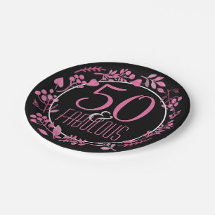 50 & Fabulous 50th Birthday   Black Pink Botanical Paper Plate